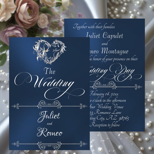 Convite Coração Romântico & Caligrafia em Azul - Casamento (Criador carregado)