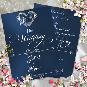 Convite Coração Romântico & Caligrafia em Azul - Casamento