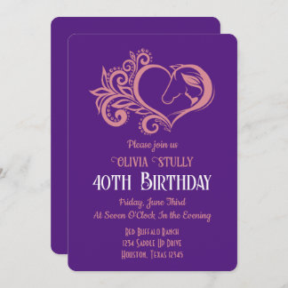 Convite Coração Rosa, Cavalo e Garota, Elegante, aniversár