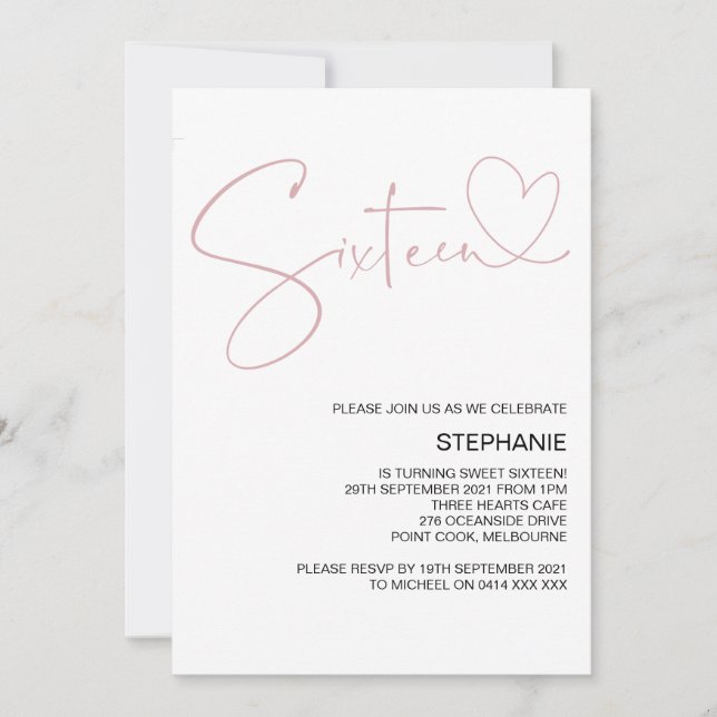Convite Coração Rosa Doce Dezesseis Festas de aniversário (Frente)