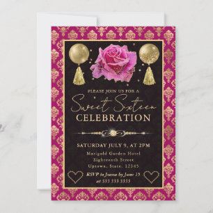 Convite Coração Rosa e Dourado Damasco e Rosa Sweet Sixtee