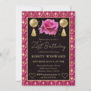 Convite Coração Rosa e Dourado Damask e Rosa Aniversário d