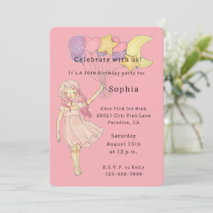 Convite Coração Rosa Menina Estrelas Lua Balões Aniversári