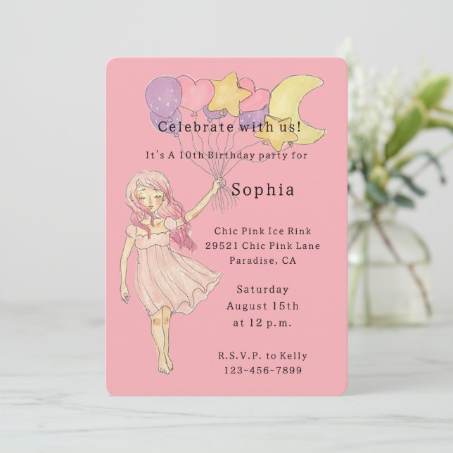 Convite Coração Rosa Menina Estrelas Lua Balões Aniversári (Em pé/Frente)