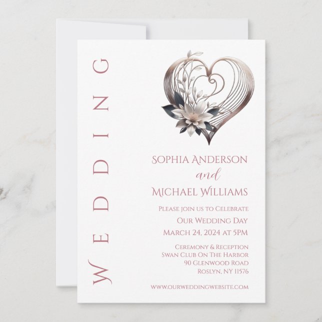 Convite Coração Rosa Moderno com Casamento de Flores (Frente)