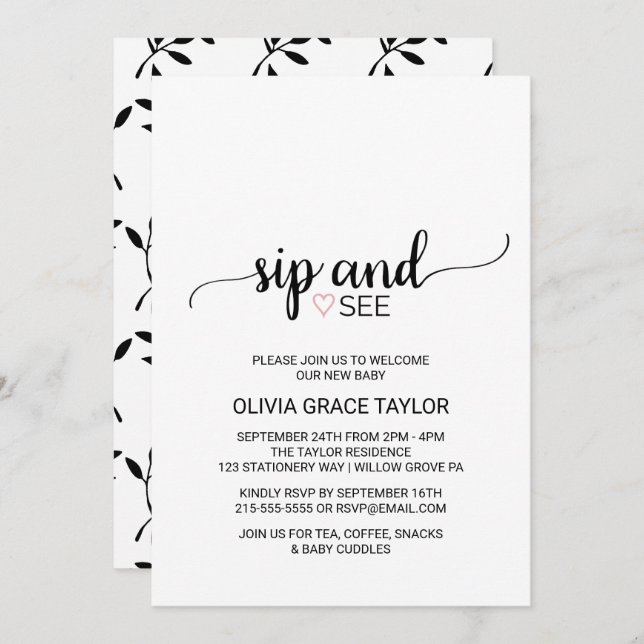 Convite Coração Rosa | Simples caligrafia preta e ver (Frente/Verso)