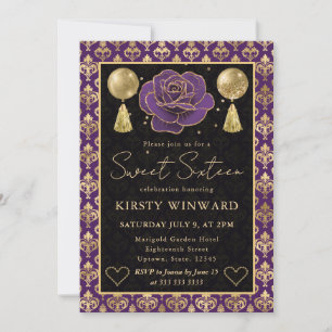 Convite Coração Roxo e Dourado Damasco e Rosa Sweet 16