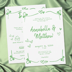 Convite Coração Verde Desenhado à Mão Caprichoso Casamento