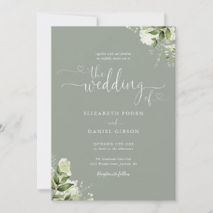 Convite Coração Verde Sage Folhagem Foto Casamento Script