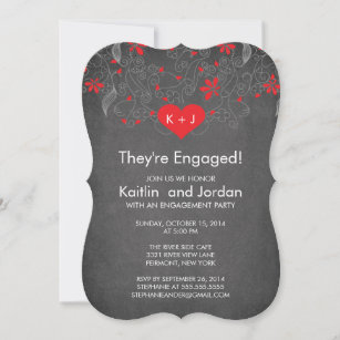Convite Coração Vermelho Chalkboard com Festa de noivado F