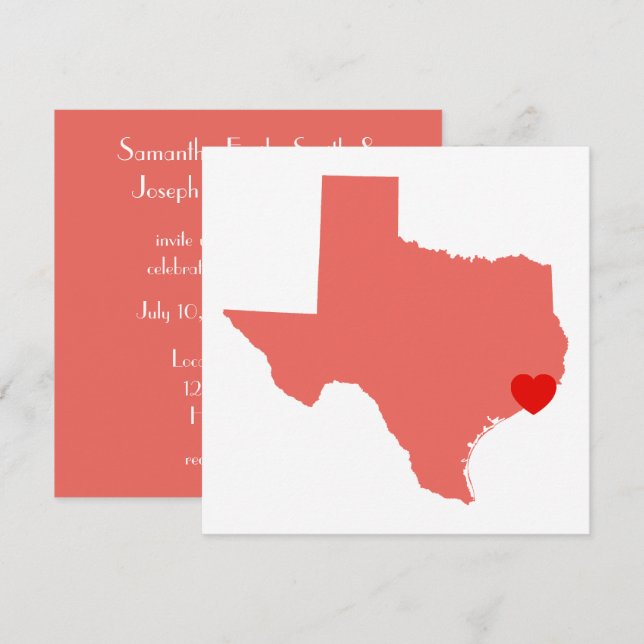 Convite Coração Vermelho Coral Casamento no Texas (Frente/Verso)