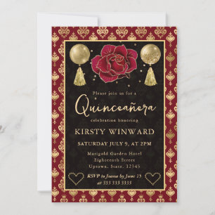 Convite Coração Vermelho e Dourado Damasco e Rosa Quincean