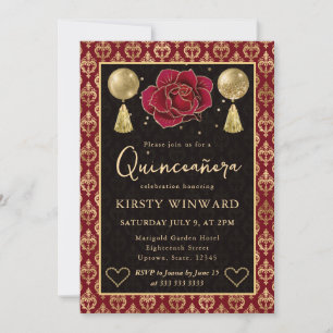 Convite Coração Vermelho e Dourado Damasco e Rosa Quincean