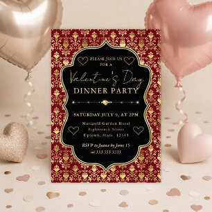 Convite Coração Vermelho e Dourado Damask Festa de Jantar