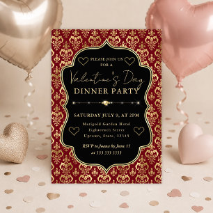 Convite Coração Vermelho e Dourado Damask Jantar de Dia do