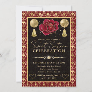Convite Coração Vermelho e Dourado Damask & Rosa Sweet Six