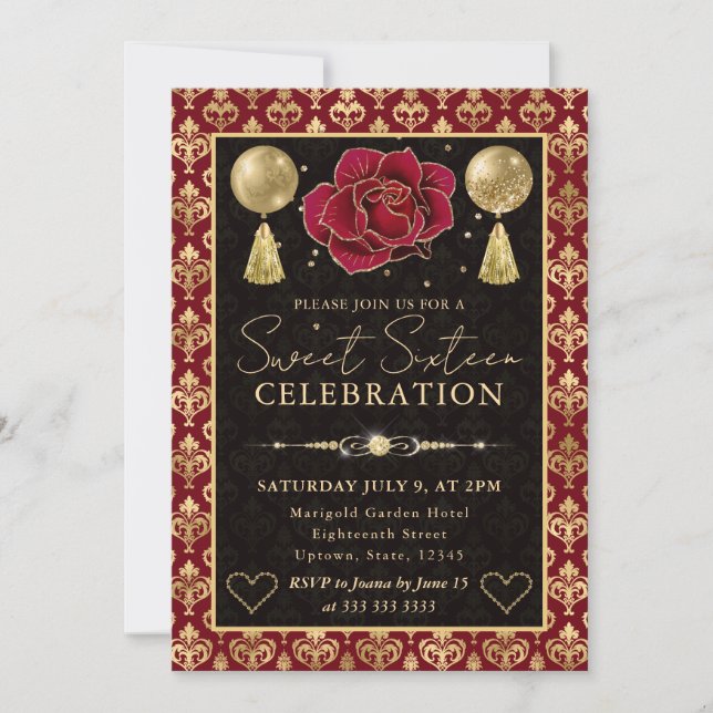 Convite Coração Vermelho e Dourado Damask & Rosa Sweet Six (Frente)