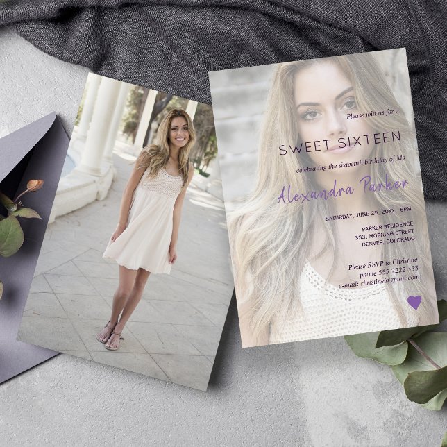 Convite Coração violeta púrpura, simples fotografia doce d (Criador carregado)