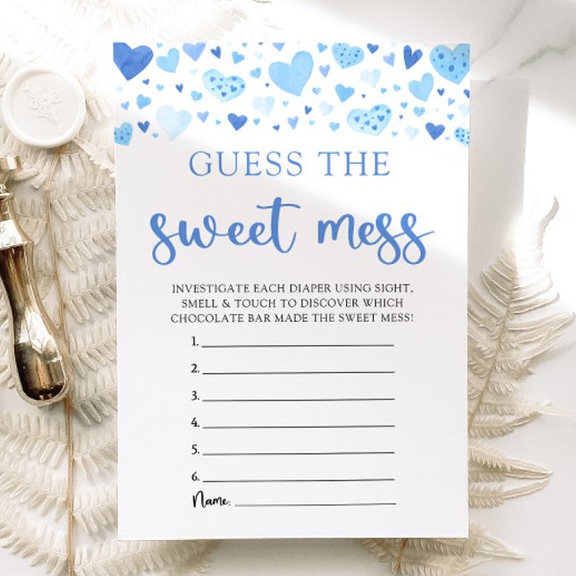 Convite Corações Azuis Adivinham o Jogo do Chá de fraldas  (Watercolor Cute Blue Hearts Valentine Sweetheart February Boy Guess the Sweet Mess Baby Shower Game)