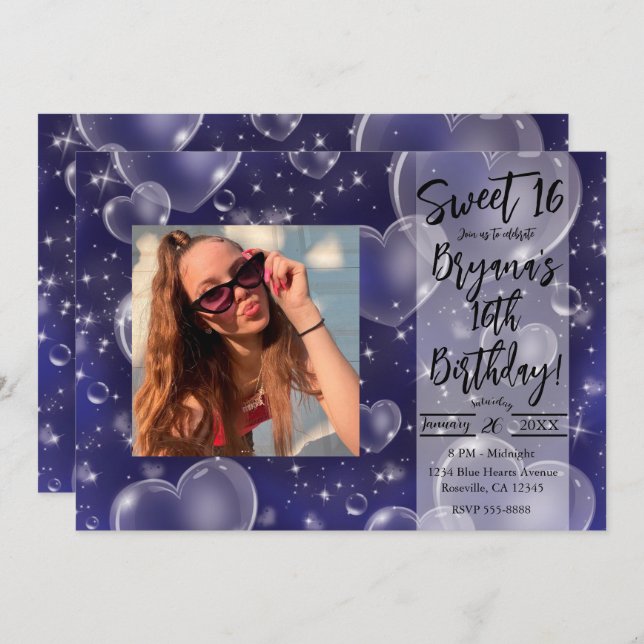 Convite Corações Azuis Bolhas Bonitas Rapariga dos 90 (Frente/Verso)