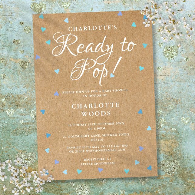 Convite Corações Azuis Rústicos de Amor Prontos para Estou (Rustic Blue Love Hearts Ready to Pop Baby Shower Invitation)