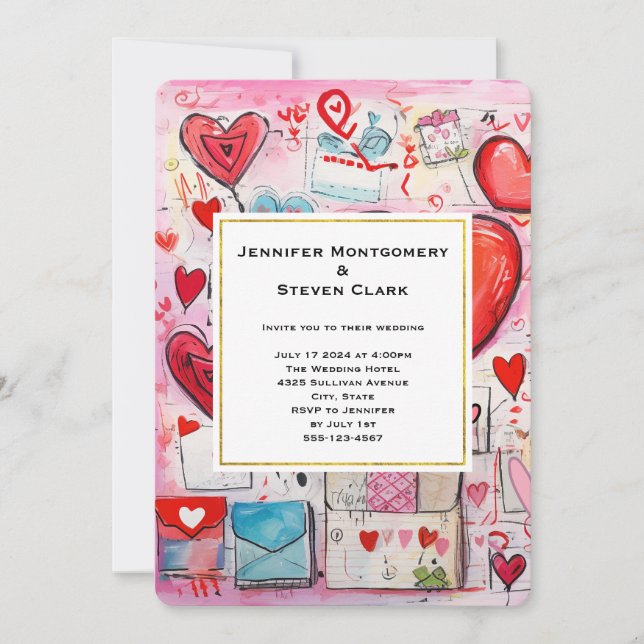 Convite Corações Caprichosos e Padrão de Cartas de Amor Ca (Frente)