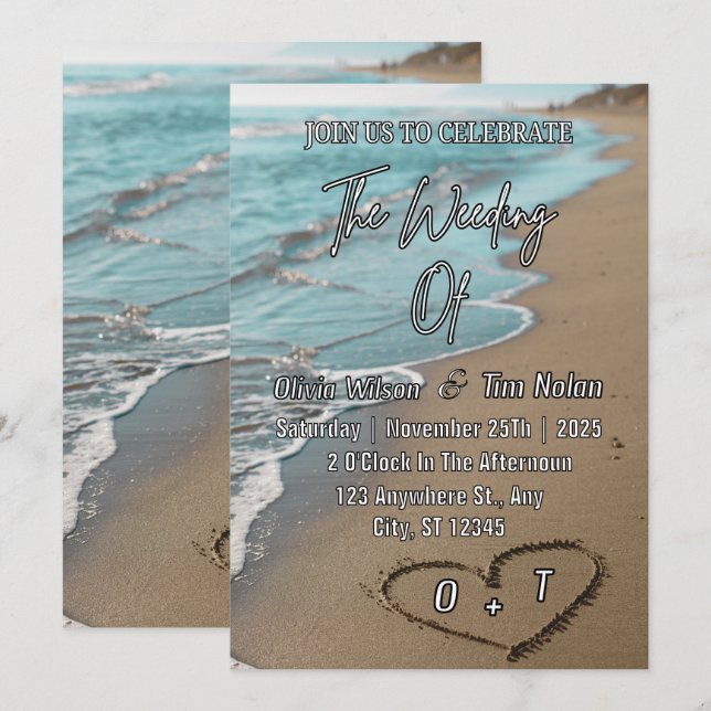 Convite Corações de Areia de Praia Casamento Tropical Mode (Frente/Verso)