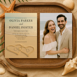 Convite Corações de Areia de Praia Foto Tropical Casamento