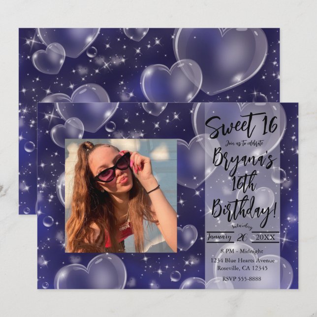 Convite Corações de Bolha Azul Fofos Festa de Aniversário  (Frente/Verso)