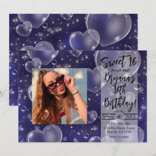 Convite Corações de Bolha Azul Fofos Festa de Aniversário 