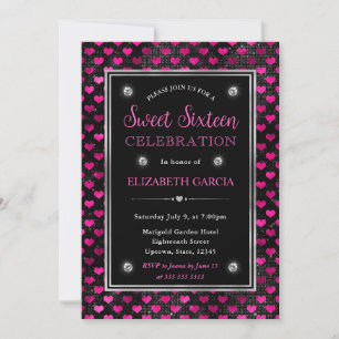 Convite Corações de Brilho Rosa e Preto Sweet Sixteen