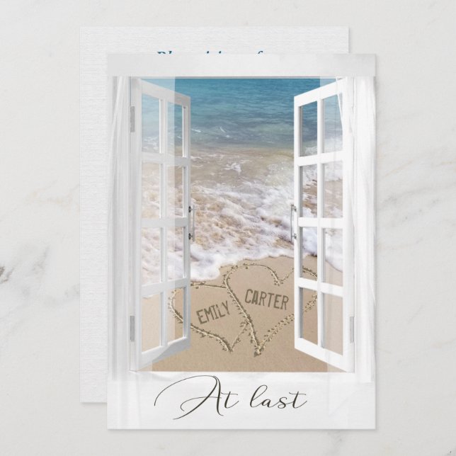 Convite Corações de Casamento de Praia com Nomes na Janela (Frente/Verso)