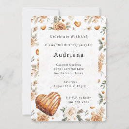 Convite Corações de Creme Carmel Floral Caramelo Aniversár