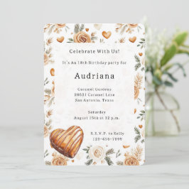 Convite Corações de Creme Carmel Floral Caramelo Aniversár