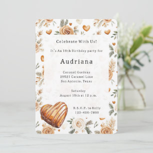 Convite Corações de Creme Carmel Floral Caramelo Aniversár