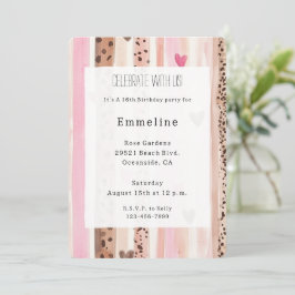 Convite Corações de Creme Rosa Stripes-Leopardo Aniversári