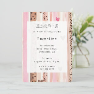 Convite Corações de Creme Rosa Stripes-Leopardo Aniversári