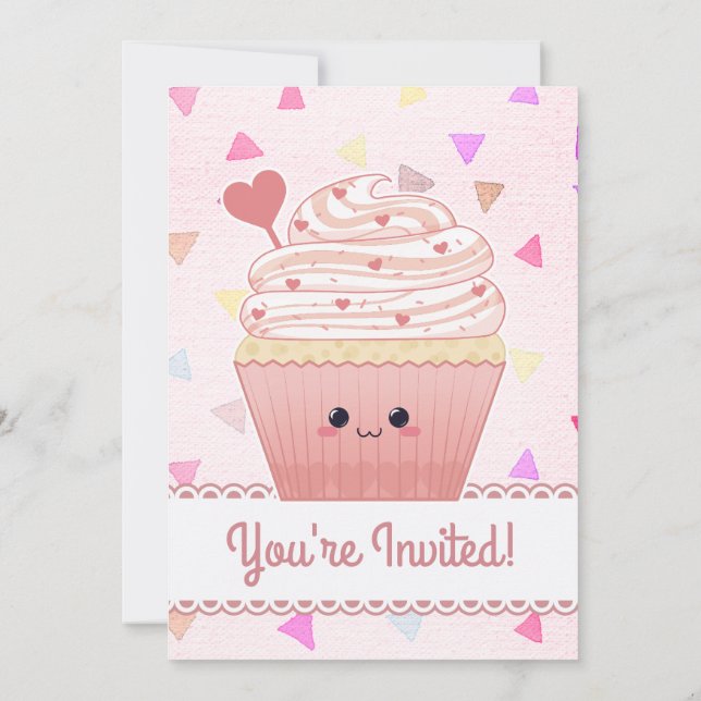 Convite Corações de Cupcake Kawaii rosa (Verso)