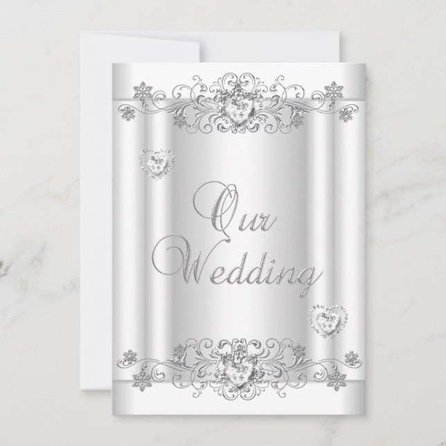 Convite Corações de Diamante Branco Prata Casamento (Frente)