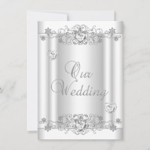 Convite Corações de Diamante Branco Prata Casamento