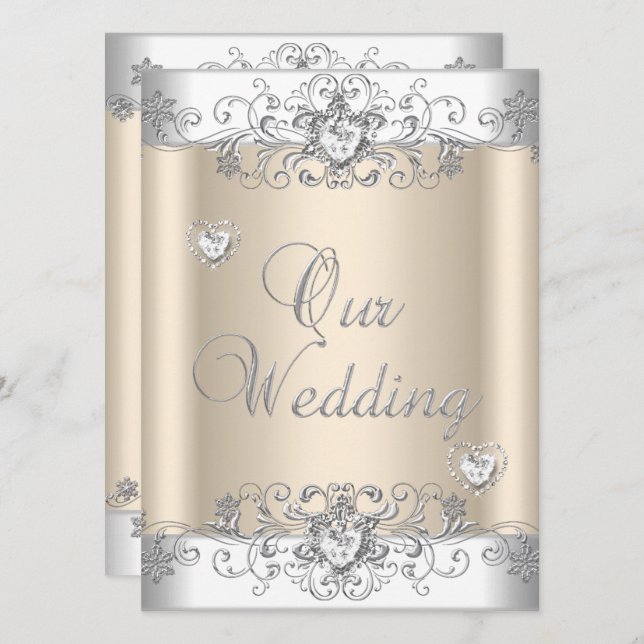 Convite Corações de Diamante Branco Prata Casamento Creme (Frente/Verso)