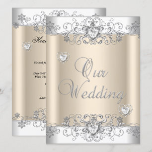 Convite Corações de Diamante Branco Prata Casamento Creme