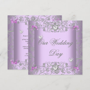 Convite Corações de Diamante Prata Casamento Damask Lilás