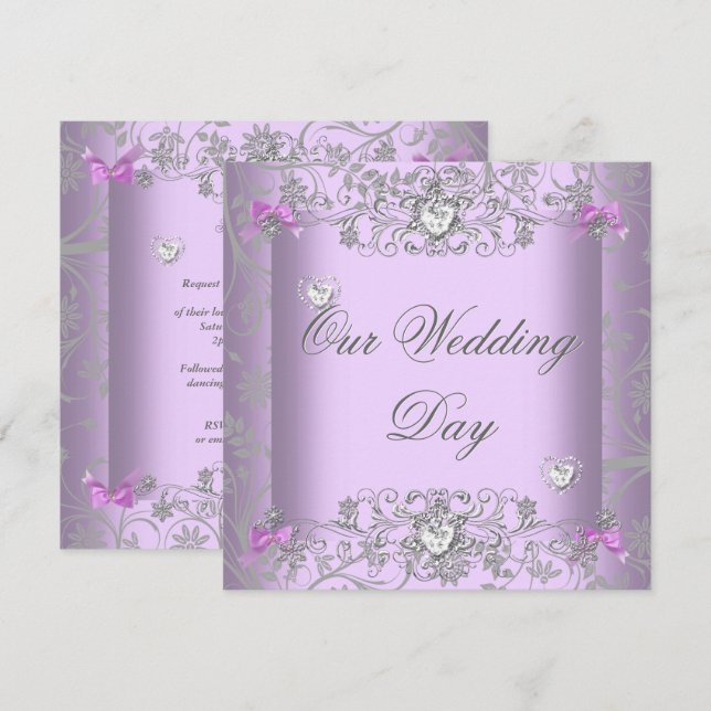 Convite Corações de Diamante Prata Casamento Damask Lilás (Frente/Verso)