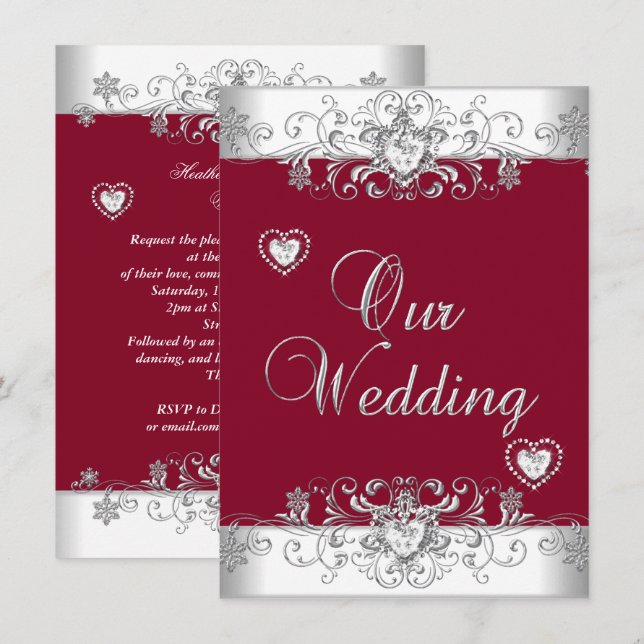 Convite Corações de Diamante Prata Casamento Vermelho Borg (Frente/Verso)
