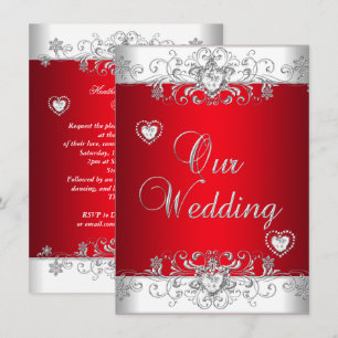 Convite Corações de Diamante Prata Casamento Vermelho Real