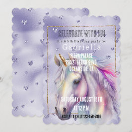Convite Corações de Glitter Roxo Unicórnio