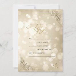 Convite Corações de Ouro Elegantes Moldura Bokeh RSVP
