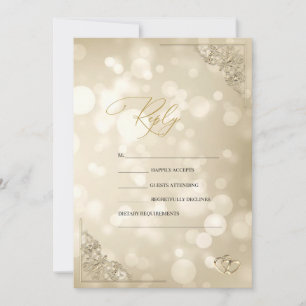 Convite Corações de Ouro Elegantes Moldura Bokeh RSVP