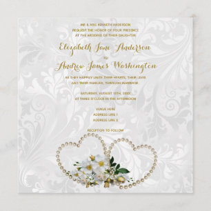 Convite Corações de Pérola e Flores Casamento Damask